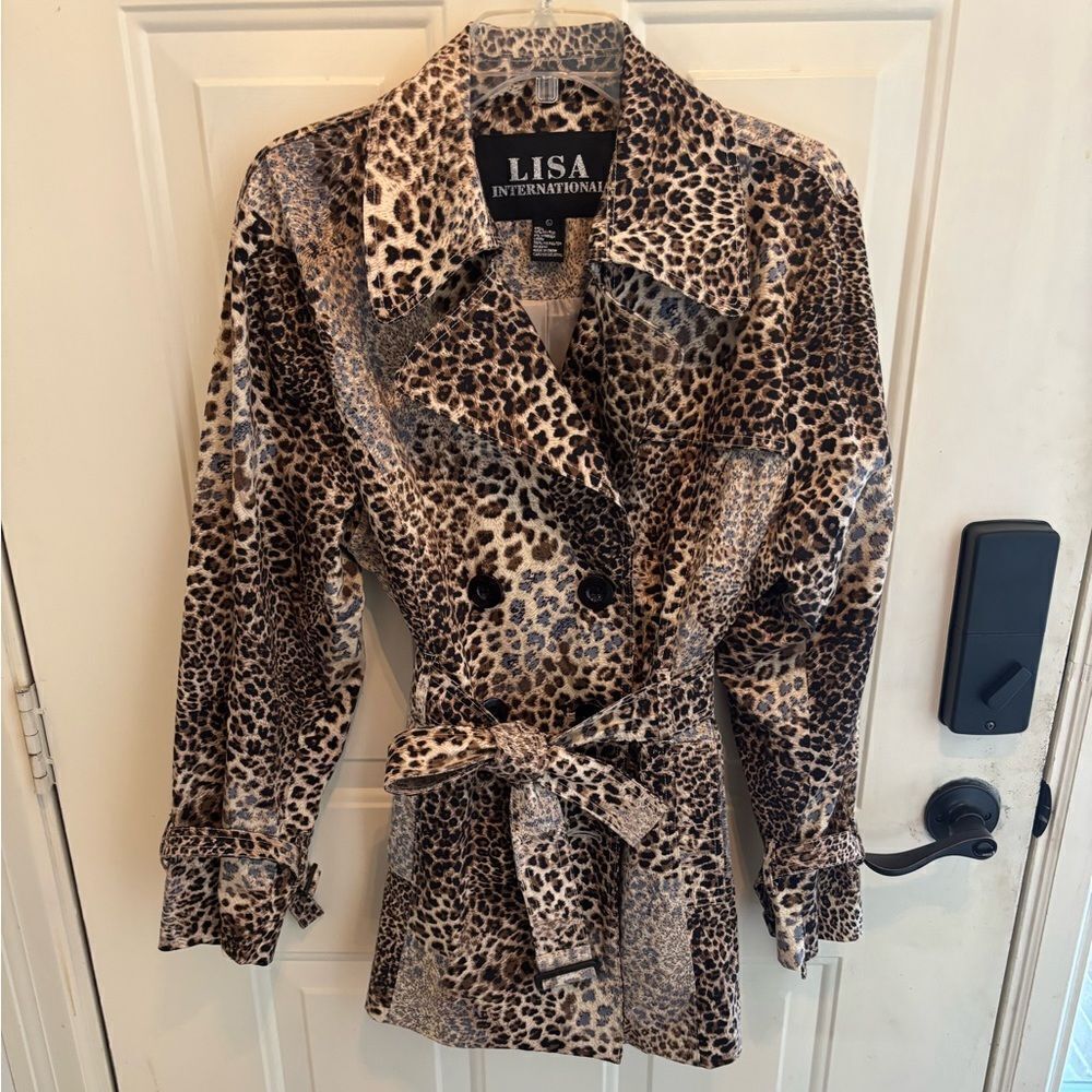 Lisa International Double Breasted Leopard Trench Coat size L - Picture 3 of 6
